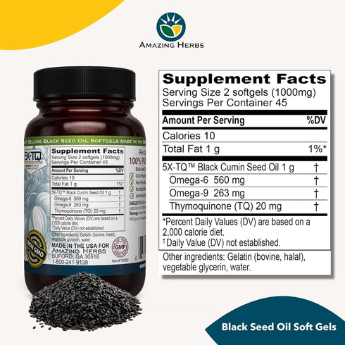 Amazing Herbs Premium Black Seed Oil Capsules - Cold Pressed Nigella Sativa Aids in Digestive Health, Immune Support, Brain Function, Gluten Free,...
