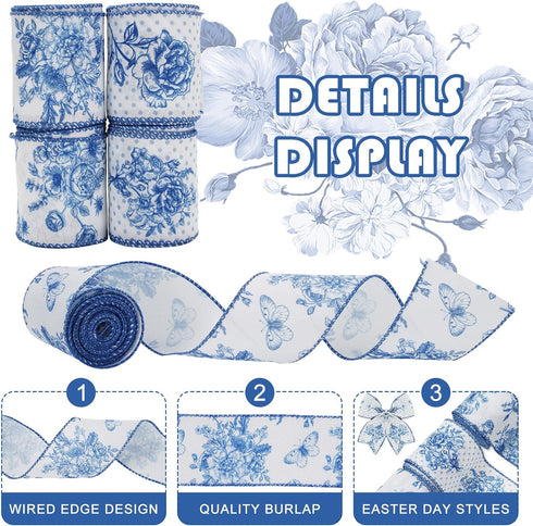 White and Blue Wired Edge Ribbon Floral Butterfly Craft Ribbon 24 Yards 2.5 Inch Blue Flower Fabric Ribbon for Wreath Bow DIY Craft Wedding Bridal...