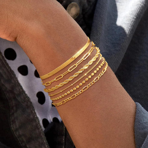 Gold Bracelets for Women 14k Real Gold Plated Dainty Bracelet Stack Set for Women Trendy Cuban Paperclip Link Snake Rope Figaro Chain Cute Stackab...