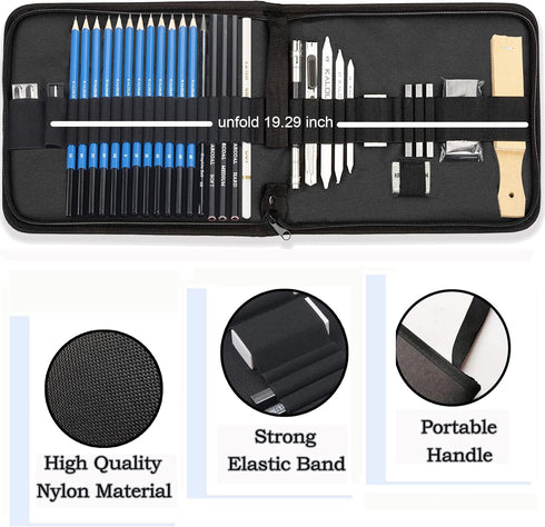 KALOUR 33 Pieces Pro Drawing Kit Sketching Pencils Set,Portable Zippered Travel Case-Charcoal Pencils, Sketch Pencils, Charcoal Stick,Sharpener,Er...