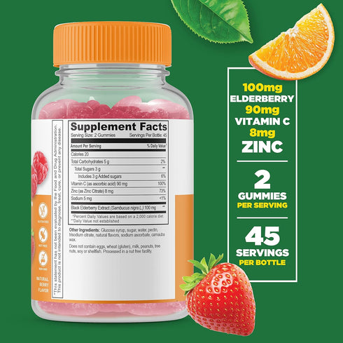Lifeable Immune Support for Adults Gummies - with Elderberry, Vitamin C and Zinc - Great Tasting Natural Flavor Gummy Supplement - Gluten Free Veg...