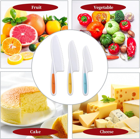 3PCS Toddler Knife Set, Plastic Kids Knife Set for Real Cooking, Round Tips with Serrated Edges, Perfectly Safe Kids Knife Set (Orange, Blue, Gree...