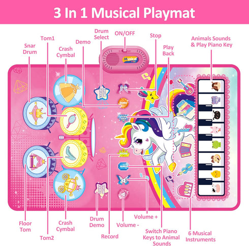 3 in 1 Piano Drum Babies Play Mat, Piano Keyboard & Drum Animal Touch Unicorn Toys for Girls, Baby Toys for 1 Year Old Toddler Girl Toy Age 1-2 Bi...