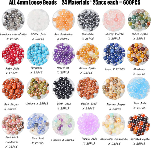 4mm Natural Mixed Materials Gemstones Beads Tiny Spacer Round Loose Beads Jewelry Making KIT with Thread and Needles 600 PCS(24 Natural, 4mm)...