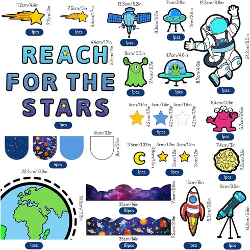 82Pcs Outer Space Bulletin Board Decoration Kit Astronauts Aliens Rockets Reach for The Stars Cutouts with Glue Points Space Theme Bulletin Board ...