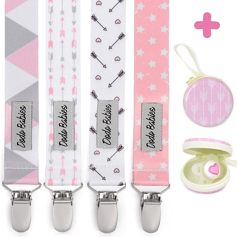 Dodo Babies Pacifier Clip with Case Set - 5-Piece Set, Pink & Gray Prints - Universal Binkie Clip & Holder Fits Most Pacifiers & Teethers - Secure...