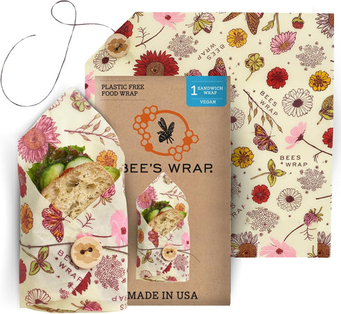 Bee's Wrap Vegan Beeswax Wraps for Food - Vegan Meadow Magic Sandwich Wrap - Made in USA Reusable Bread Bags - Organic & Eco-Friendly Alternative ...