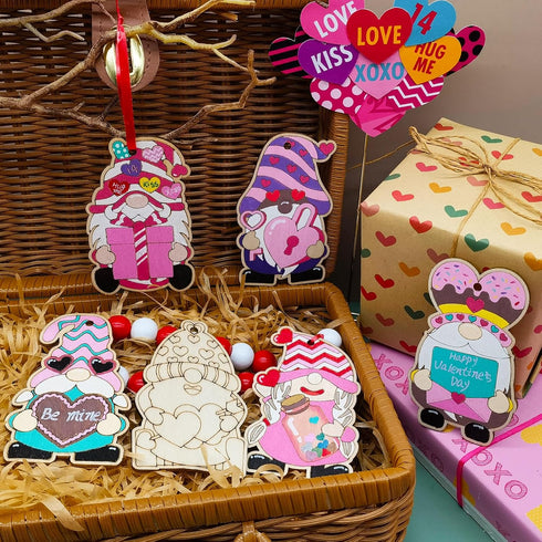 48 Pieces Valentines Wooden Gnome Craft Kits Unfinished Wood Gnome Cutout Slices Ornament Blanks Hanging for Valentine's Day Dwarf DIY Craft Makin...
