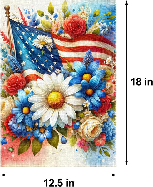 Patriotic Floral Garden Flag Double Sided, Red White and Blue Burlap Yard Flag, Small 4th of July Outdoor Decor 12.5x18"...