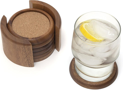 Lipper International Acacia Round with Cork Coasters and Caddy, 7-Piece Set...