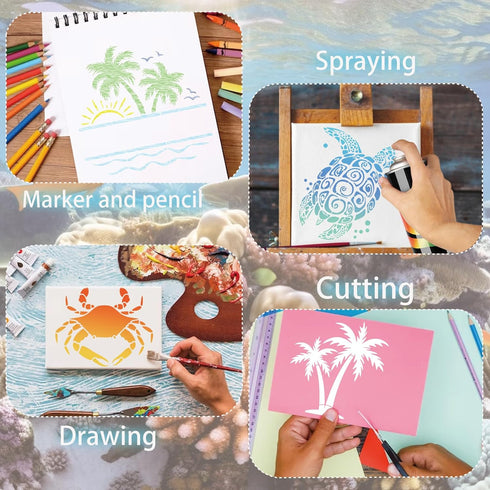 15 Pieces Ocean Stencils Reusable Sea Turtle Seahorse Templates Dolphin Octopus Stencils Summer Tropical Beach Stencils for Painting on Wood DIY C...