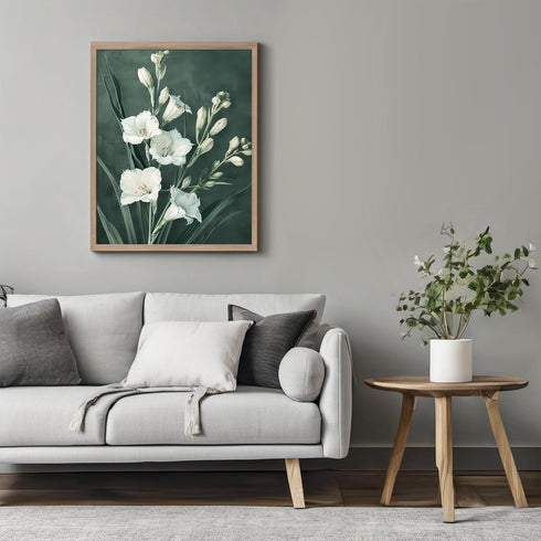 Posterizer 1 pcs-white minimalistic flowers-green background-Floral & Botanical Art-Abstract & Modern Art-Decor for Home & Office- UNFRAMED Wall A...