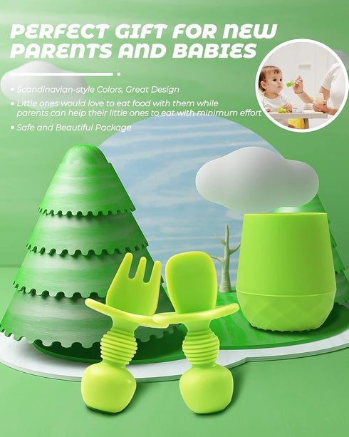 3 Pcs Baby Utensils, Baby Spoons Self Feeding 6 Months with Silicone Baby Cup, Baby Utensils 6-12 Months, Toddler Utensils for Baby Led Weaning (G...