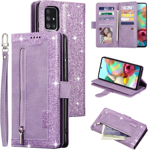 EYZUTAK Wallet Phone Case for Samsung Galaxy A51(4G), Retro Matte 9 Card Holder Slots Zipper Pocket Case PU Leather Magnetic Closure Kickstand wit...