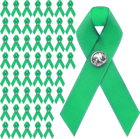 50 Pack Green Satin Awareness Ribbons with Clutch Pins (3.5 in)...