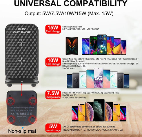 15W Fast Qi-Certified Wireless Charging Station Compatible with iPhone 15/15 Plus/15 Pro Max/14/13/12 /11Pro Max/XR/XS/X/8 Plus,Galaxy S23/S22/S21...