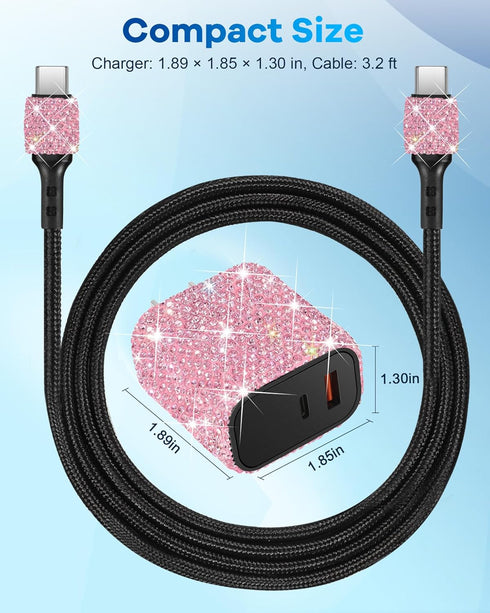 Bling USB C Wall Charger, 20W PD + QC Dual Port Fast Charging Adapter with 3.2FT Type-C Charging Cable Compatible for iPhone 15 Pro Max iPad Andro...