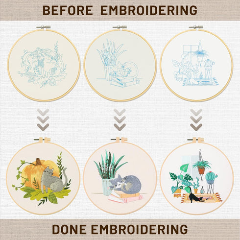 XM-GENYUE 3 Sets Cat Embroidery Starters Kit with Pattern for Beginners, Full Range of Stamped Cross Stitch Kit Set with Embroidery Hoop Cloth Thr...