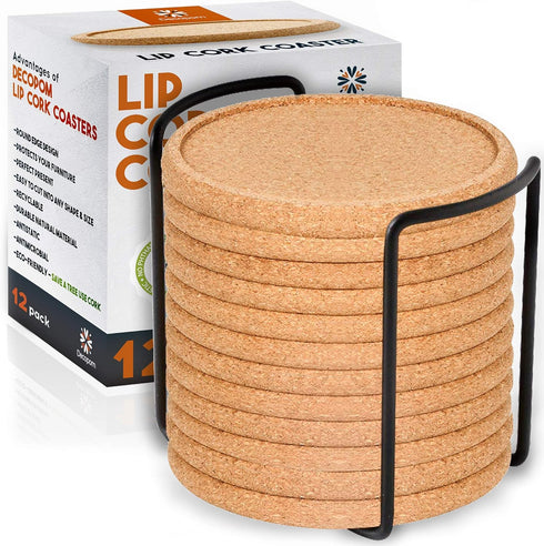 Cork Coasters with Lip for Drinks Absorbent | 12 Set 4 Inch Thick Rustic Saucer with Metal Holder Heat & Water Resistant | Best Reusable Natural R...