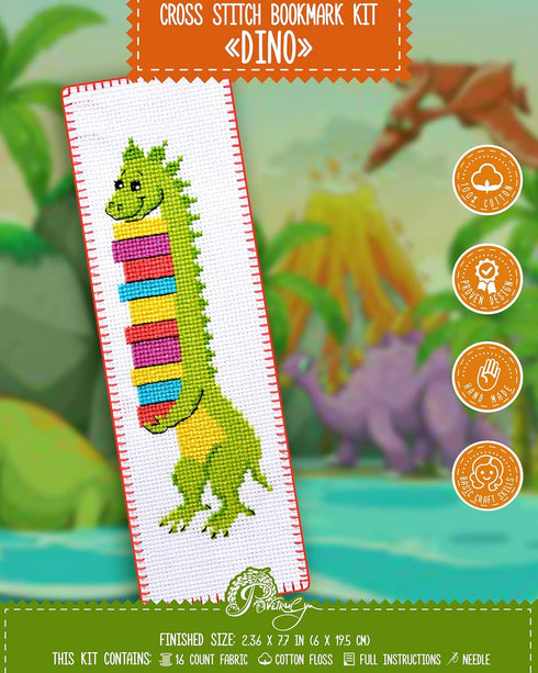 Povitrulya Counted Cross Stitch Kit - DIY Kits for Adults or Kids - Funny Embroidery Bookmark - Easy to Use - Craft Collection - T-Rex Dinosaur...