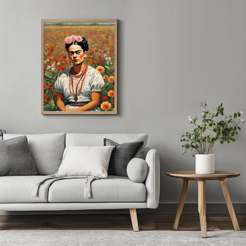 Posterizer 1 pcs- Frida Kahlo inspied art in white dress-flower field-Famous Figures Art Collection-Floral Botanical Art- Living Room Bedroom Deco...
