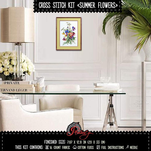 Povitrulya Summer Flowers - Embroidery Set - DIY Counted Cross Stitch Kit with Paper Pattern, 14 Count Aida Canvas and Pre-Sorted Floss...