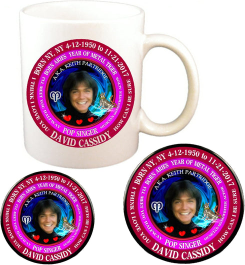 David Cassidy 70's Singer Cup + Magnet + Pin, Astrology Aries Zodiac Metal Tiger...