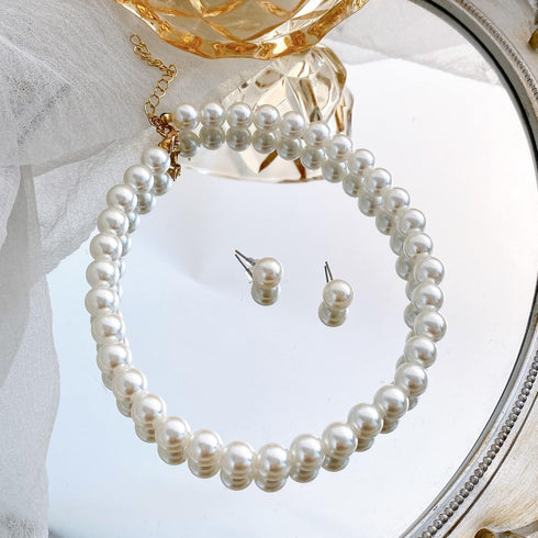 Pearl strands Necklace and Earring Set Faux Pearl Choker Necklaces for Women Girls Pearl Stud Earrings for Bride Wedding Accessories...