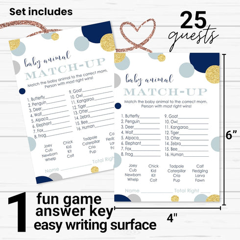 Paper Clever Party Navy and Gold Baby Shower Games - Royal Prince Animal Matching Game - Fun Gender Reveal Activity for Guests - Twinkle Little St...