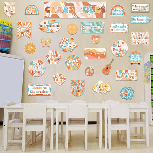Class Rules Bulletin Board Decorations Groovy Classroom Rules Motivational Bulletin Board Cutouts Retro Class Rules Bulletin Board Behavior Educat...