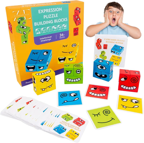 ZE ZONEXPRESS© - Expression Puzzle Building Blocks - Wooden Face Montessori - Face-Changing Magic Cube Challenge and Logical Thinking Training Boa...