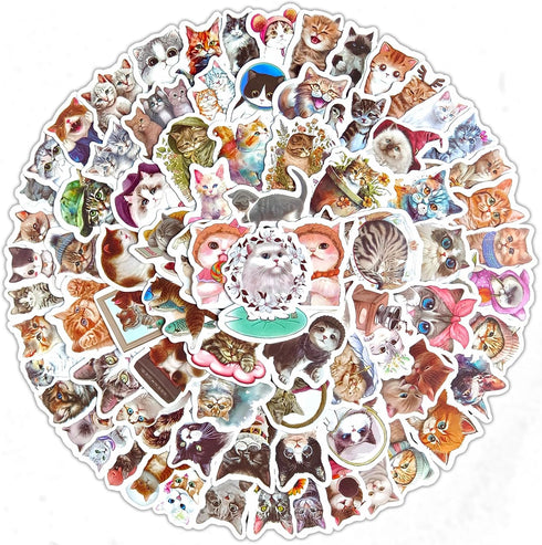 Cute Cat Stickers Bulk 100Pcs - Waterproof Vinyl for Water Bottles, Laptop, Phone Case, Guitar, Luggage - Kawaii, Watercolor Design for Kids, Girl...