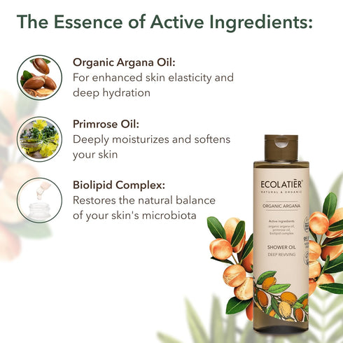 Deep Reviving Shower Oil with Organic Argana, ECOLATIER - 95.5% Natural, Vegan shower oil for women - Hydration & Cleansing oil body wash - 8.5 Fl...