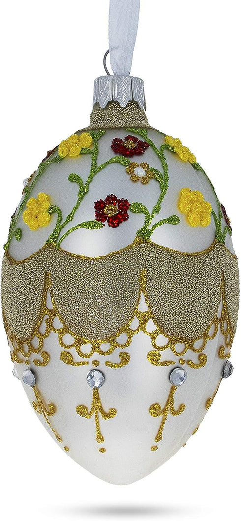 Multicolor Flowers On White Glass Egg Ornament 4 Inches...