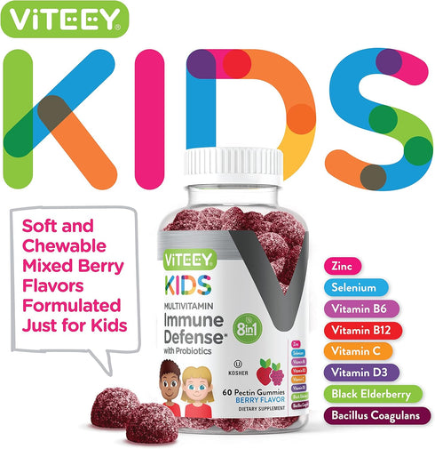 Kids Multivitamin Gummies with Probiotics - 8-1 Kids Vitamins for Immune Health Support with Vitamin C, D3, B12, B6, Zinc, Elderberry, Selenium - ...