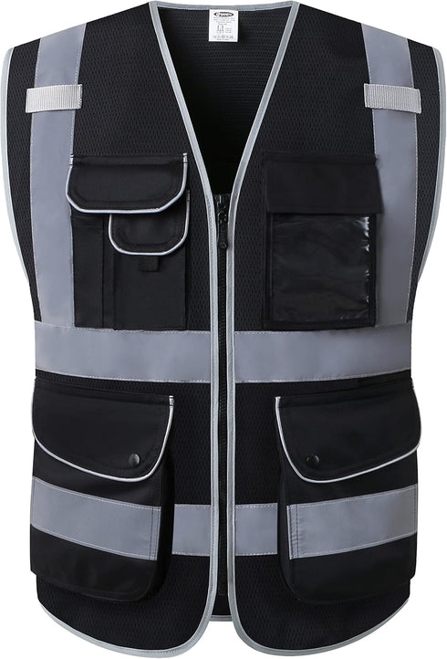 JKSafety 9 Pockets High Visibility Safety Vest for Men and Women, Hi-Vis Reflective Black Safety Vests with Zipper Front, Meet ANSI/ISEA Standards...