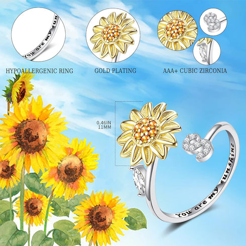 Fidget Rings for Anxiety for Women Sunflower Initial Letter Spinner Ring Open Adjustable Ring CZ Rings Daisy Stress Relieving Ring Jewelry Gift fo...