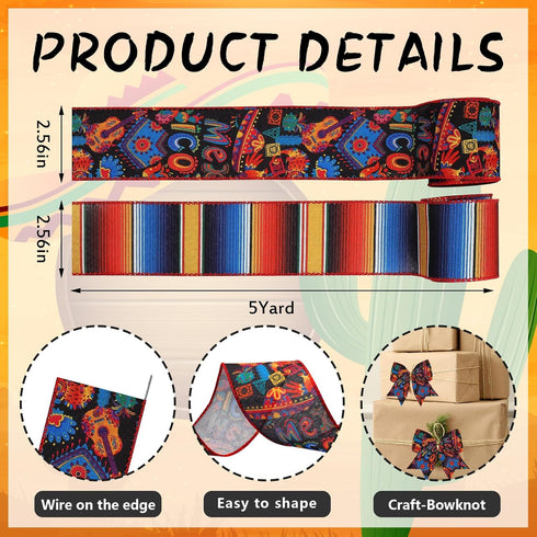 2 Rolls Cinco de Mayo Craft Ribbons for Wreath Bows, 2.5"×10 Yards Wired Edge Ribbons Mexican Fiesta Ribbon Mixed Color Stripes Wired Ribbons for ...