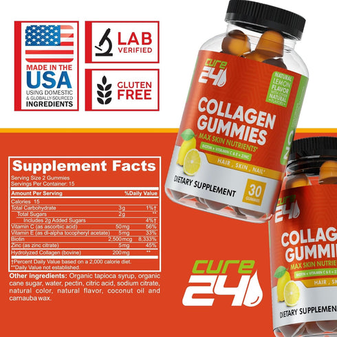 Collagen Gummies with Zinc, Vitamin C and Biotin, Collagen Peptides Supplement Promotes Hair, Nail, Skin, Bone and Joint Health Support, Made in U...