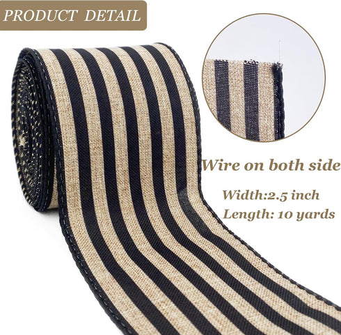 Burlap Ribbon Wired,2 1/2”x10 Yard,Black Stripe Rustic Ribbon for Easter, Christmas, Wreath, Spring, Summer, Wedding, Baby Shower, Birthday...