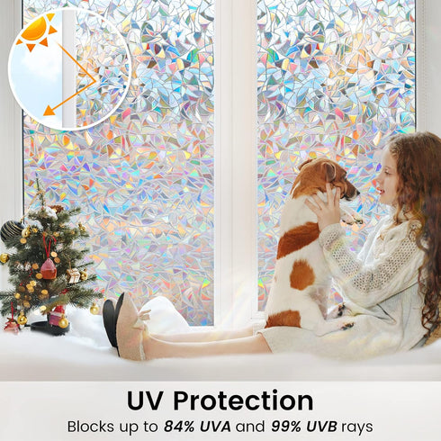 DOWELL Window Privacy Film, Rainbow Window Film, Decorative Stained Glass Clings, Static Cling Door Sticker, Non-Adhesive 3D Decals for Home UV Pr...