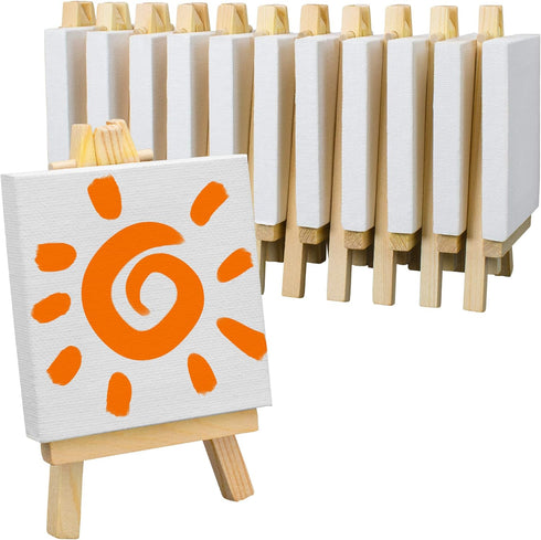FIXSMITH 3x3 Inch Mini Stretched Canvas Easel Set- Bulk Pack of 12,Small Stretched White Blank Canvas Panels & Wood Easels for Painting Craft Draw...