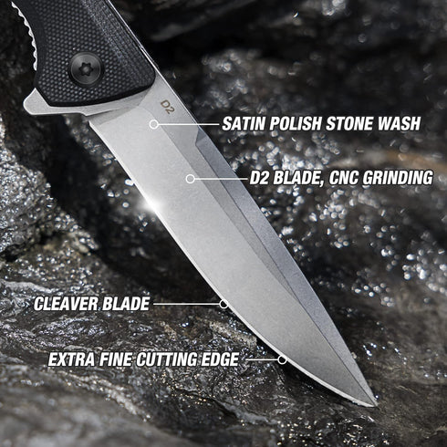 FLISSA Pocket Knife, Folding EDC Knife, 4 inch D2 Blade, G10 Handle, for Outdoors, Hiking, Camping, Black...