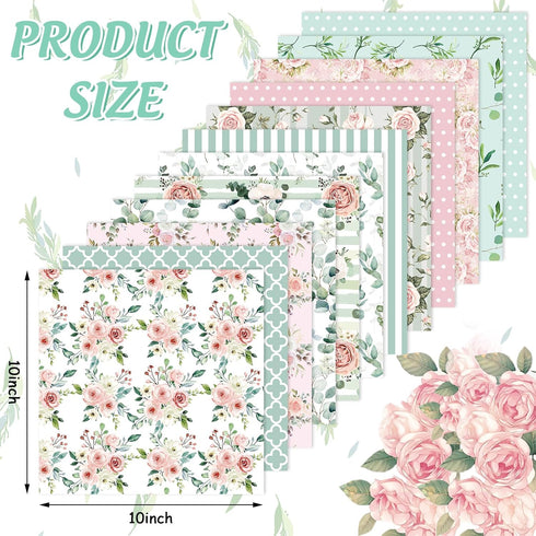 Whaline 12Pcs Spring Cotton Fabric Bundles 10 x 10 Inch Floral Greenery Printed Fat Quarters Pink Green Retro Quilting Patchwork for DIY Handmade ...