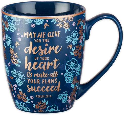 Christian Art Gifts Blue Bible Verse Mug – Floral Faith Mug for Women & Men, Ceramic Coffee Mug w/Gold Trim & Psalm 20:4 Calligraphy – “The Desire...