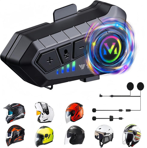 Y10 Motorcycle Helmet Bluetooth Headset with HiFi Stereo Sound,Noise Reduction,1000mAh Battery,Helmet Bluetooth Headset Speakers with RGB,IPX6 Wat...