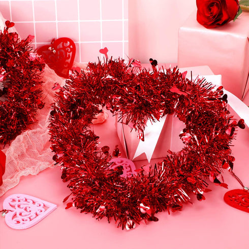 Boao 66 Feet Valentine's Day Tinsel Garland Decoration Red Heart Tinsel Garland Shiny Hanging Metallic Ornaments for Valentine's Day Wedding Decor...