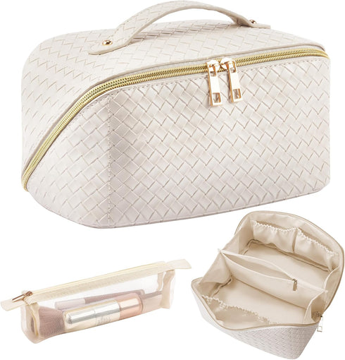Large Capacity Travel Makeup Bag: Portable Cosmetic Bag for Women Open Flat Makeup Bag Organizer with Handle & Divider Make up Pouch Checkered Pu ...