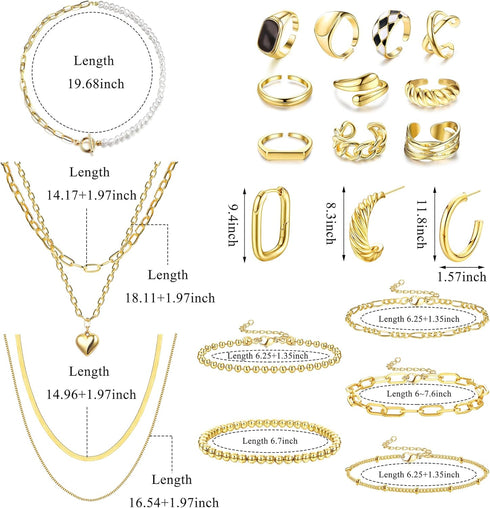 Sanfenly Jewelry Set with 3 PCS Necklaces, 5 PCS Bracelets, 3 Pairs Hoop Earrings, 10 Pcs Chunky Rings Jewelry Pack for Women Valentine Anniversar...