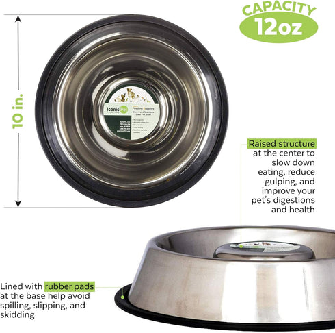Iconic Pet Set of 2 Stainless Steel Anti-Skid Slow Feed Bowls for Small Dogs (12 oz) - Ideal for Food and Water, Durable Design with Raised Center...